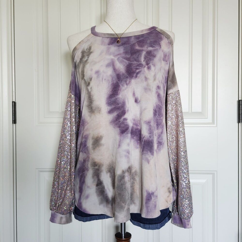 Now N Forever Purple Tie-Dye Sequin Cold Shoulder Top Size L